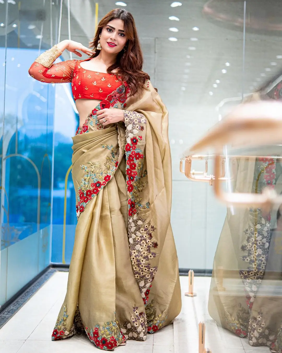 Priyanka Sharma Stills In Green Saree Red Blouse